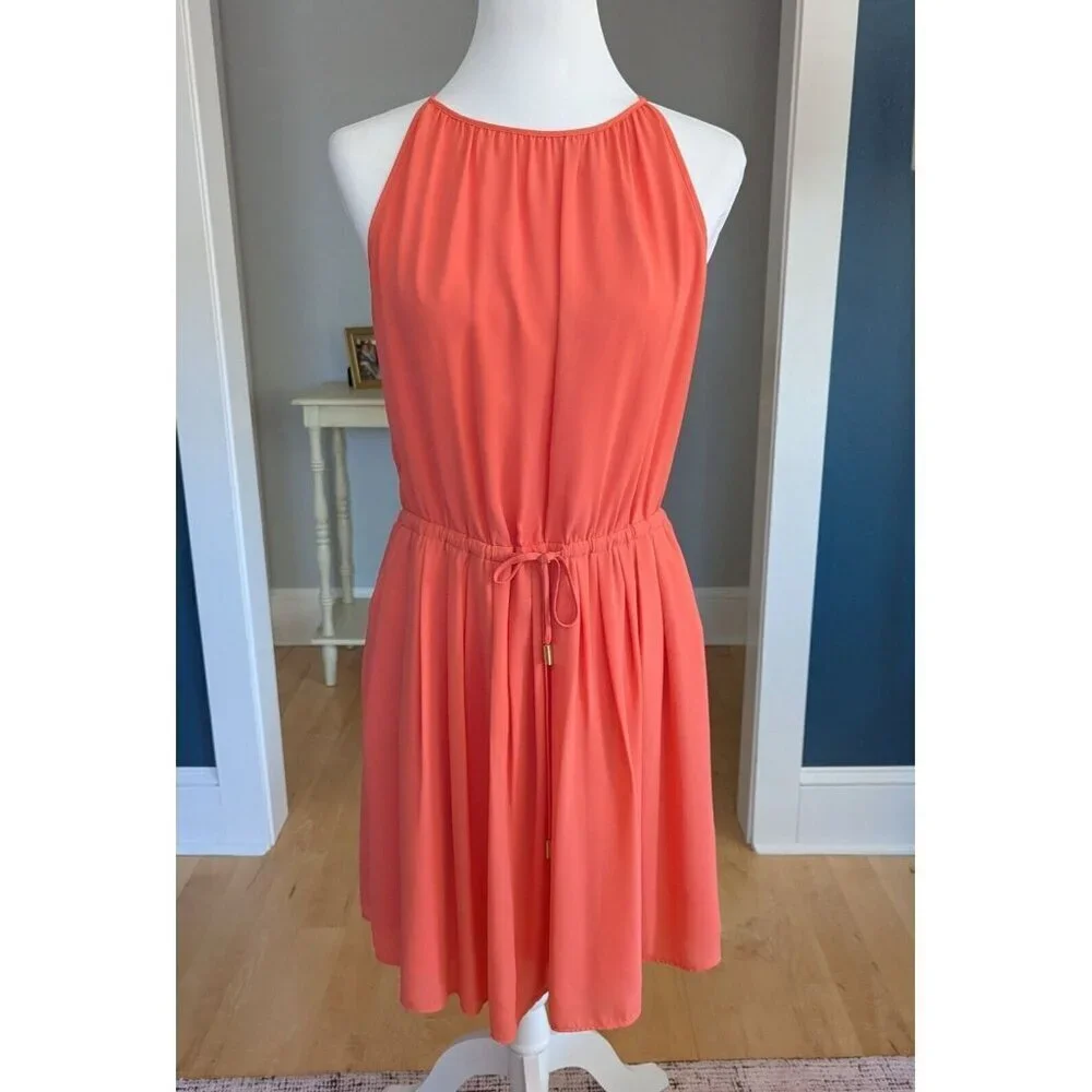 Banana Republic Summer Halter Neck Sleeveless Chiffon Dress Sz 12 Coral Color - Picture 2 of 9